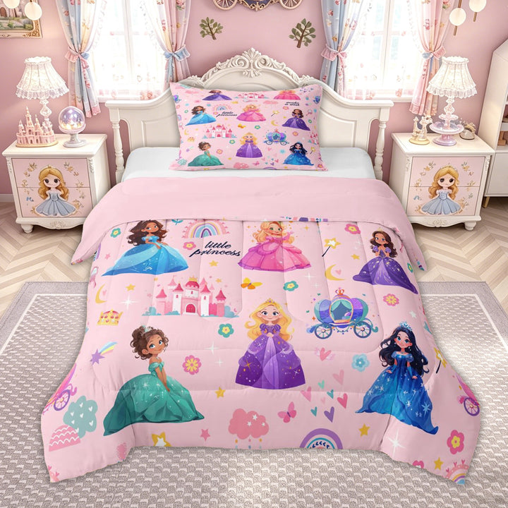 meiyoeat Cute Princess Castle Full Size Comforter Sets for Kids Girls, Magical Rainbow Flower Bedding Comforter Set, Pink, Pink Reversible, 3-Piece