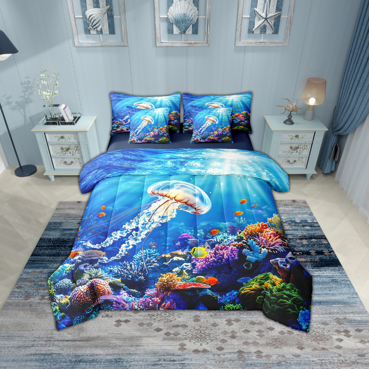 Erosebridal Marine Jellyfish Bedding Sets Twin Size,Ocean Wildlife Comforter Sets with Sheets,Marine Decoration,Reversible,Breathable,7pcs