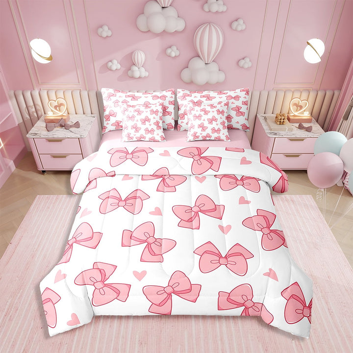Erosebridal Girly Bowknot 7 Piece Bedding Set Watercolor Pink Bow Tie Comforter Set with Sheets Twin Size Room Decor Princess Style Bed in a Bag Love Heart Print Bed Set