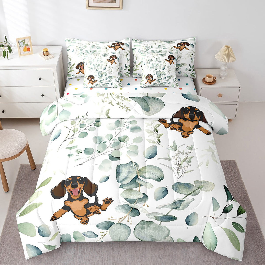 Kawaii Animal Bed in a Bag 7-Piece Cute Dachshund Bedding Set, Cartoon Dog Twin Comforter Set Green Leaf Bedding Comforter Sets, Spring Garden Plant Bed Set Bedroom Decor