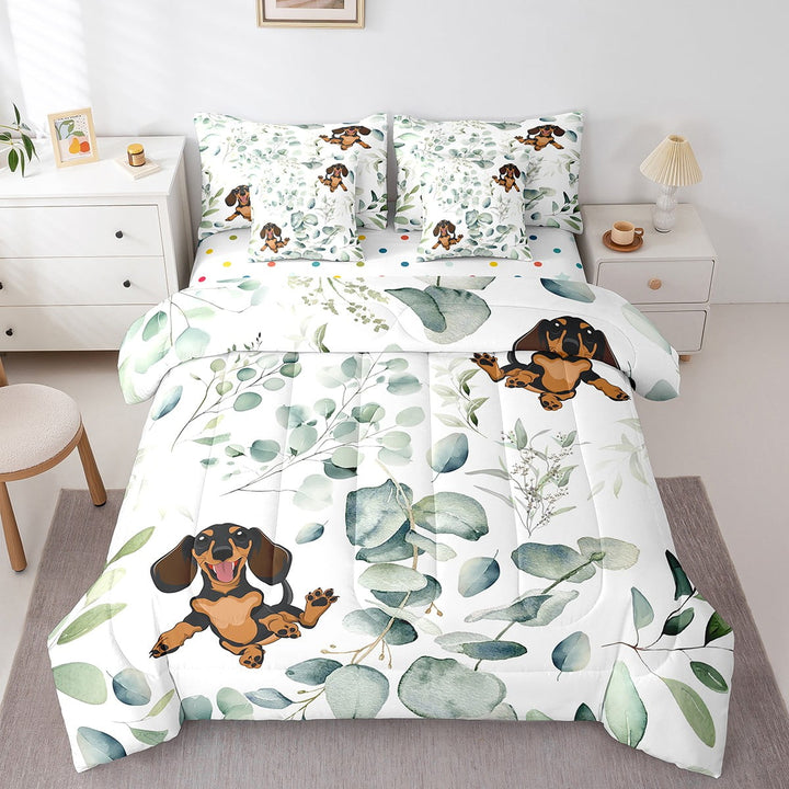 Kawaii Animal Bed in a Bag 7-Piece Cute Dachshund Bedding Set, Cartoon Dog Twin Comforter Set Green Leaf Bedding Comforter Sets, Spring Garden Plant Bed Set Bedroom Decor