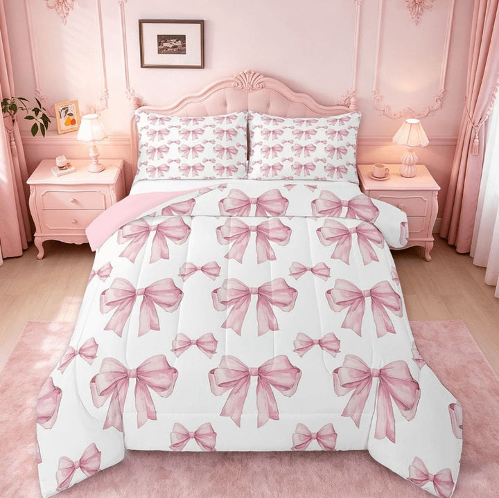 Manfei Pink Bowknot Kids Full Size Comforter Sets,Dreamy Princess Style Girls Bedding Sets For Women,Girly Bow Tie Bed Set Reversible 3-Piece