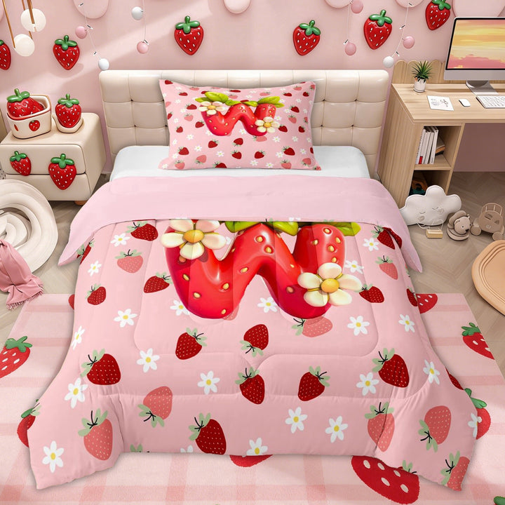 Erosebridal Strawberry Letter W Twin Comforter Sets for Kids, Pink Flower Floral Bedding Set, Pink Reversible, 2-Piece
