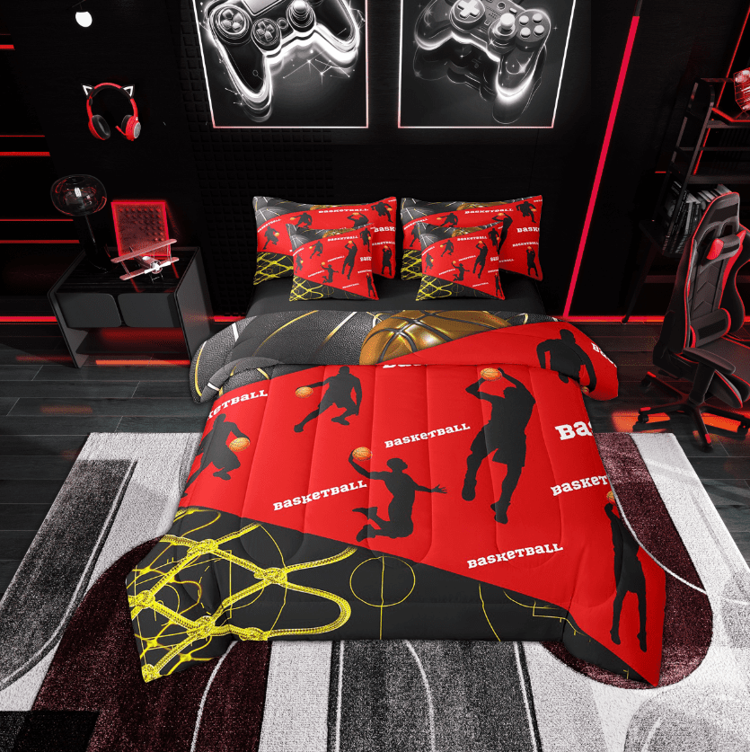 Erosebridal Basketball Player Bedding Sets Twin Size, Ball Sports Lover Comforter Sets with Sheets, Geometry Decor, Reversible