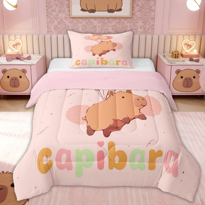 Erosebridal Cute Capybara Kids Twin Comforter Sets, Cartoon Balloon Bedding Set, 2 Pieces, Pink Reversible