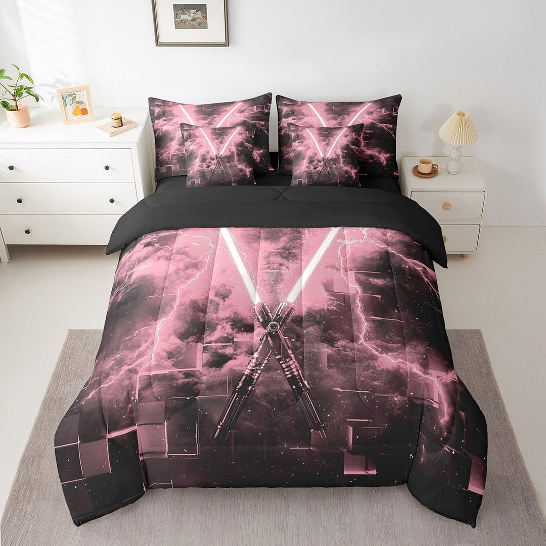 Erosebridal Pink Lightning Bedding Sets Twin Size, Futuristic Rectangle Comforter Sets with Sheets, Lightning Decor, Reversible