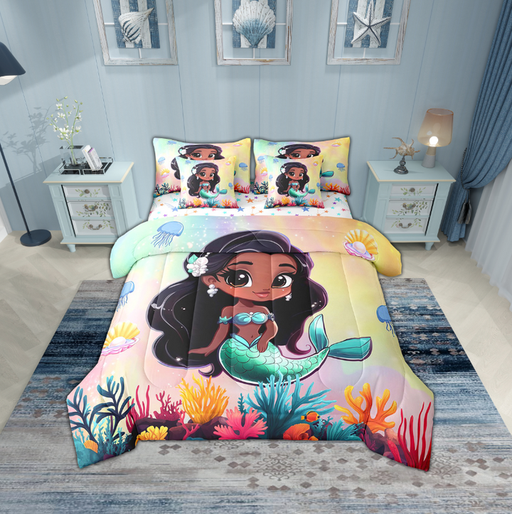Erosebridal Princess Mermaid Bedding Sets Twin Size,Marine Animal Comforter Sets with Sheets,Sea Room Decorative,Reversible,Breathable,7pcs