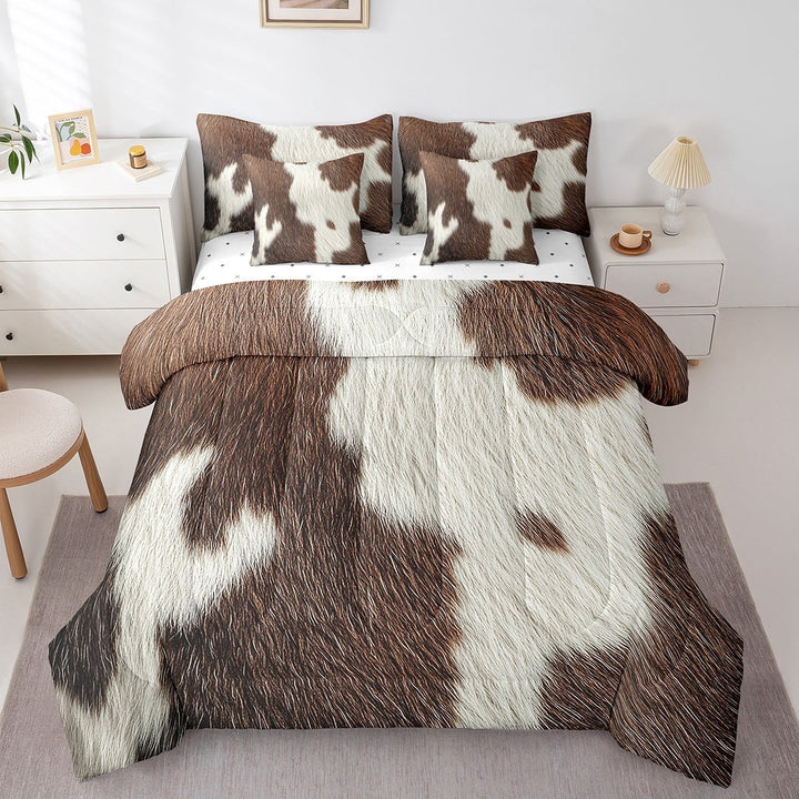 Cowhide Sheet Set Cow Print Comforter 7 Pieces Western CowFarm Animals Bedding Set Bull Cattle Fitted Sheet Queen Size Teens Bedroom Decor,Brown White With 2 Pillow Cases