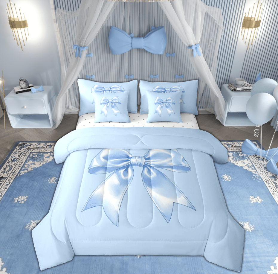 Feelyou Cartoon Blue Bowknot Twin Bedding Sets 7-Piece for Kids, Princess Fairy Tale Bedding Comforter Set, Kawaii Ribbon Reversible Sheet Sets, Microfiber Bedroom Decor