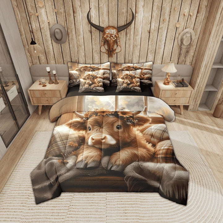 Erosebridal Highland Cow Bed in a Bag Twin Size, Western Cowboy Cowgirl Bed Set, Farmhouse Decorative, Reversible 7 Pieces