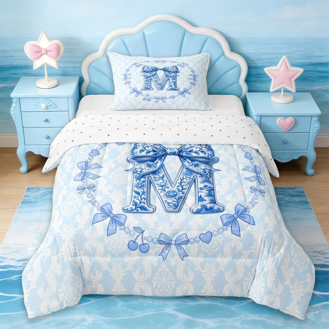 Erosebridal Initial Alphabet M Twin Comforter Sets,Girls Cute Coquette Bows Bedding Set For Kids,Reversible,2-Piece