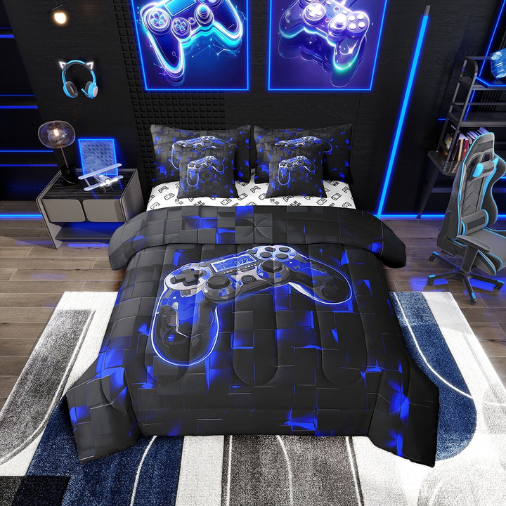 7Pcs Bedding Set Full Size Gamer Console Comforter Set Bed-in-a-Bag Black and Blue Cool Gamepad Gaming Bed Comforter-1 Comforter,1 Flat Sheet,1 Fitted Sheet,2 Pillowcases,2 Throw Pillow Covers
