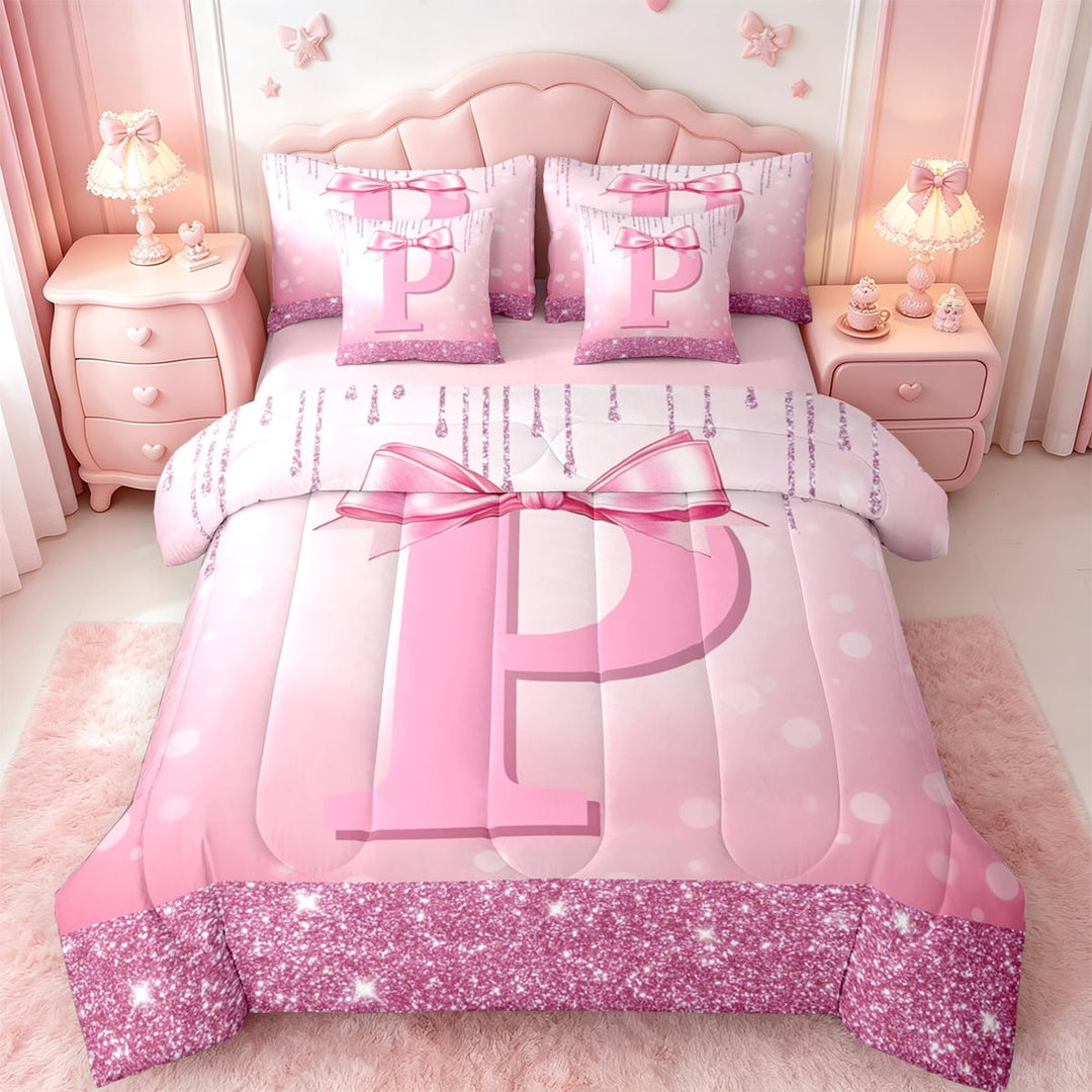 jejeloiu Personalized Letter P Twin Bedding Sets 7-Piece,Monogrammed Theme Bedding Comforter Set,Ribbon Bow Knot Sheet Sets,Ultra Soft Bedroom Decor Reversible