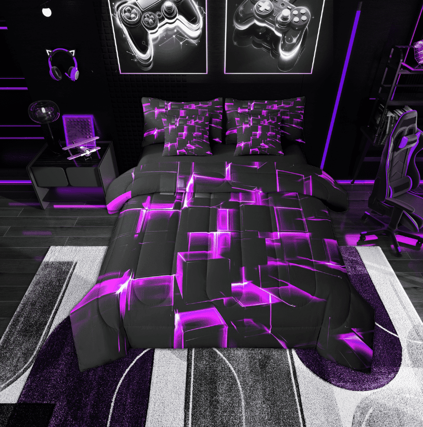 Erosebridal Futuristic Cubes Bedding Sets Twin Size,Neon Purple Comforter Sets with Sheets,Super Cozy Reversible Bed in a Bag Twin size,Geometric Room Decorative,7pcs