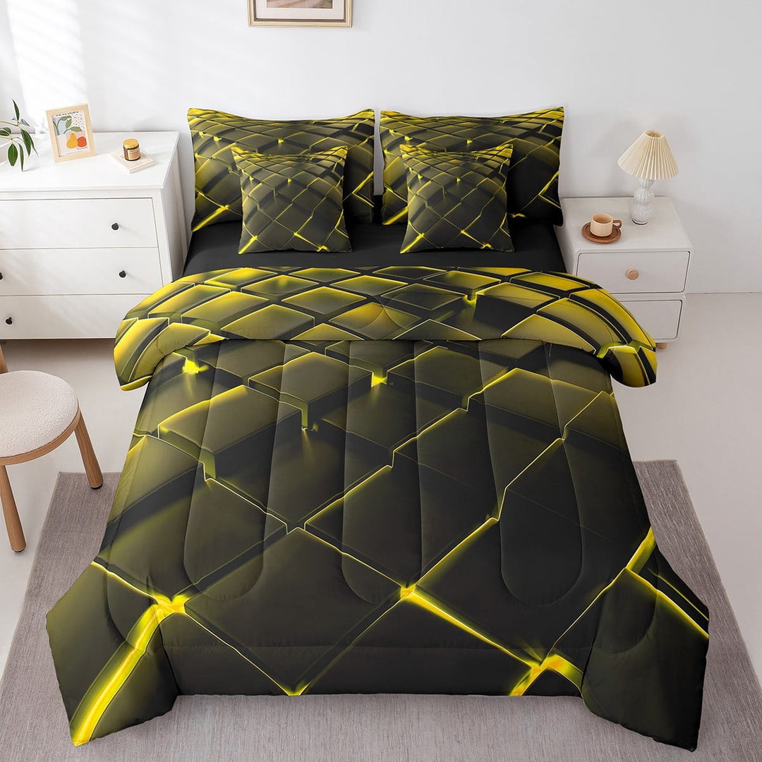 7 Piece Yellow Geometric Bed in a Bag Queen Modern Abstract Plaid Bed Set,Black Honeycomb Print Bedding Comforter Sheet Set Beehive Geometrical Fitted Sheet Square Pattern Cushiom Covers