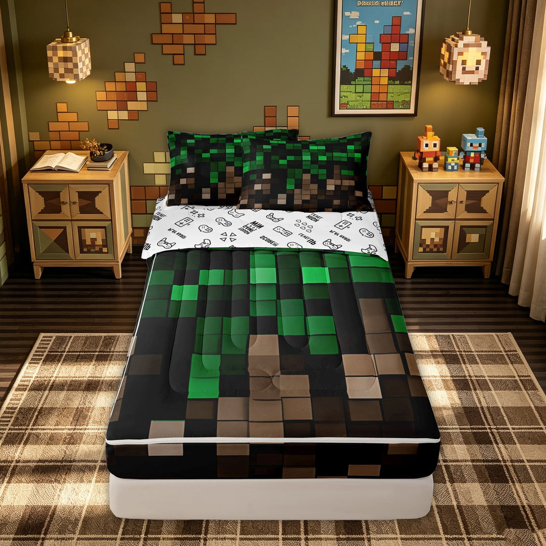 meiyoeat Dark Grass Block Zipper Twin Comforter Sets with Fitted Sheet and 2 Pillowcases for Kids Boys, Gaming Pixel Zipper Bedding Set for Dorm, Green Brown, Gamepad ReversibleB