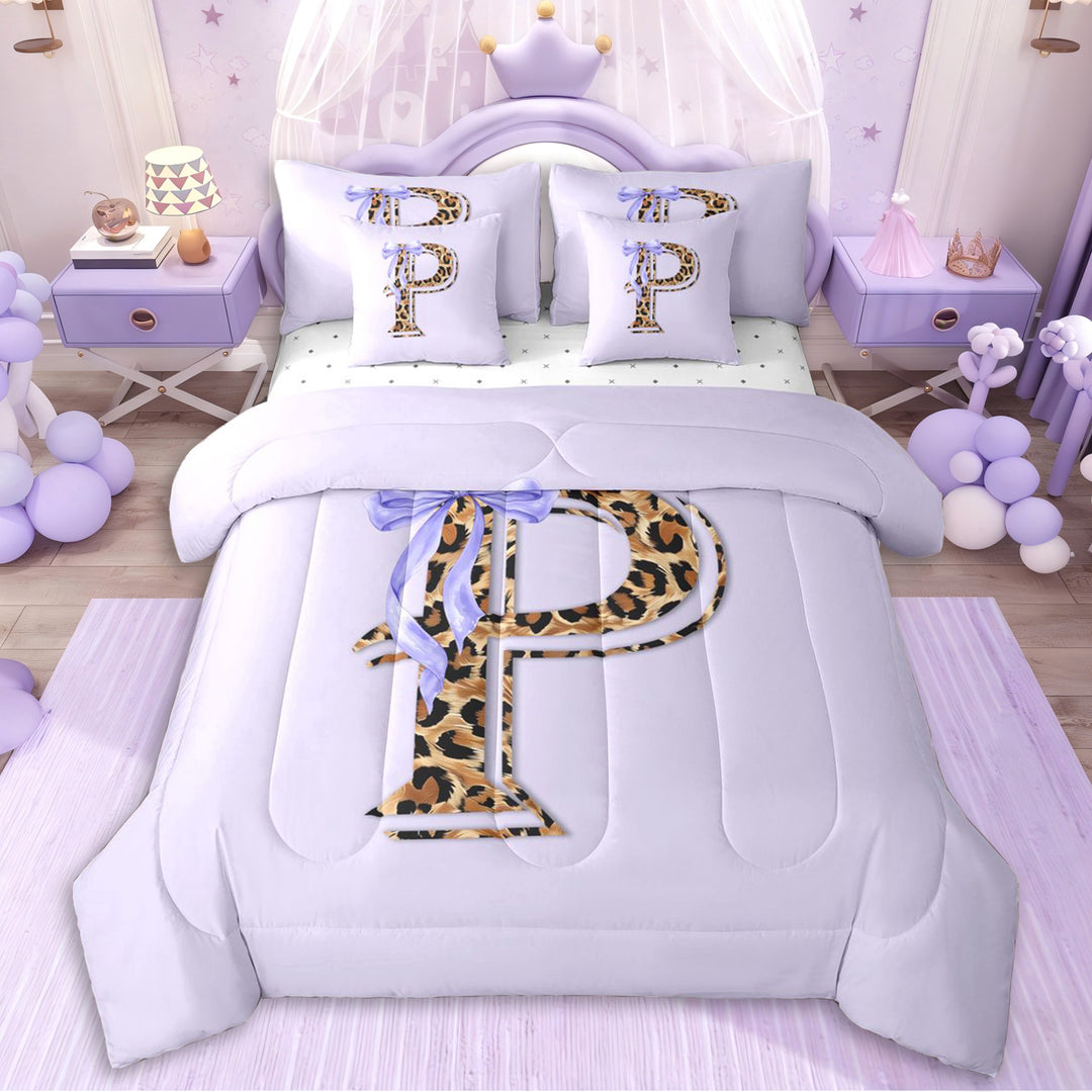 Erosebridal Cheetah Print Personalized P Initial Twin Bedding Sets 7-Piece,Kawaii Ribbon Bowtie Bedding Comforter Set For Teens Girls,Microfiber Bedroom Decor