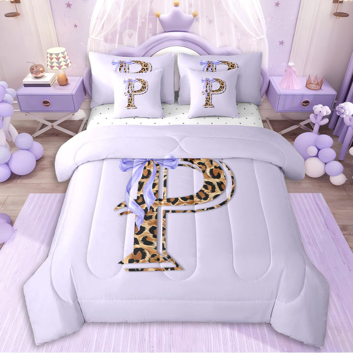 Erosebridal Cheetah Print Personalized P Initial Twin Bedding Sets 7-Piece,Kawaii Ribbon Bowtie Bedding Comforter Set For Teens Girls,Microfiber Bedroom Decor