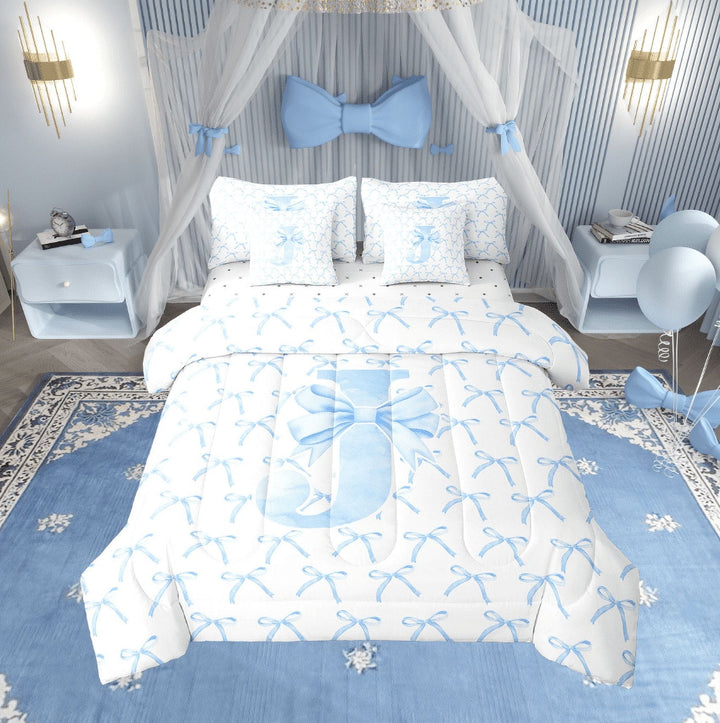 Erosebridal Letter Bow Bedding Sets Twin Size,Monogrammed Initial Comforter Sets with Sheets,Dreamy Room Decorative,Reversible,7pcs