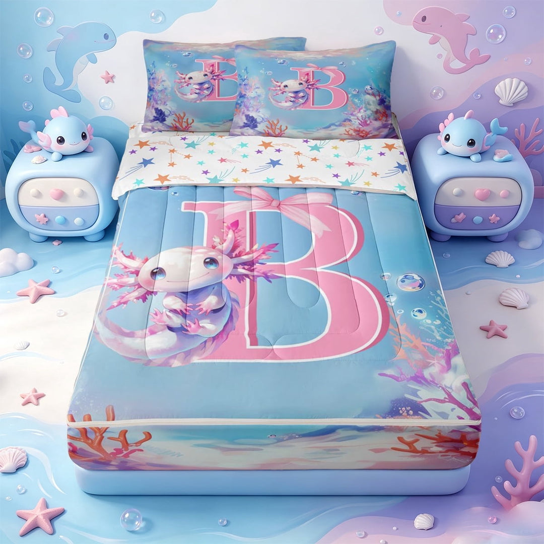 meiyoeat Kawaii Axolotl Zipper Full Size Comforter Sets with Fitted Sheet and 2 Pillowcases,Pink Initial Letter B Zipper Bedding Set For Girls,Colorful Stars Reversible,4 Pieces