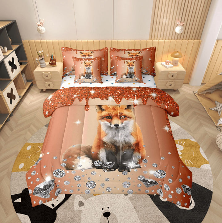 Fox Comforter Set 7 Piece Bed in a Bag Twin,Red Sequin Fluid Art Comforter and Sheet Set,Crystal Diamond Bedding Set,Woodland Animals Bed Set Jungle Wildlife Room Decor