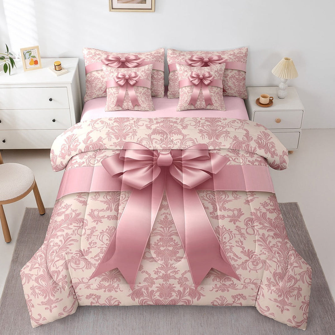 7 Pcs Pink Bowknot Bed in a Bag Twin,Vintage Damask Comforter Set Gifts Women Wedding,Antique Victorian Baroque Bedding with Comforter,Girly Princess Dreamy Quilt Cover