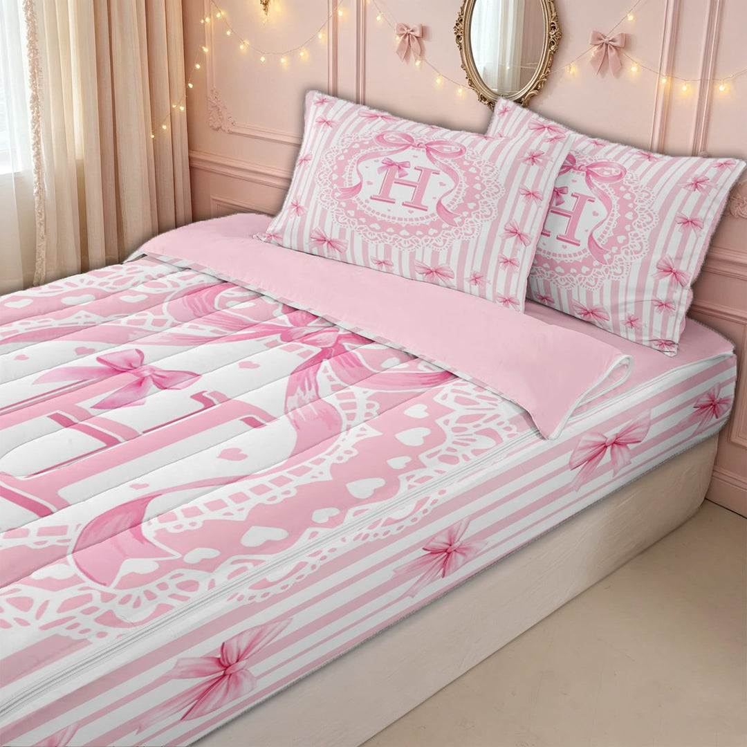 meiyoeat Pink H Monogram Zipper Twin Comforter Sets with Fitted Sheet and 2 Pillowcases for Kids Girls, Princess Bow Lace Zipper Bedding Set for Bedroom, Pink ReversibleG