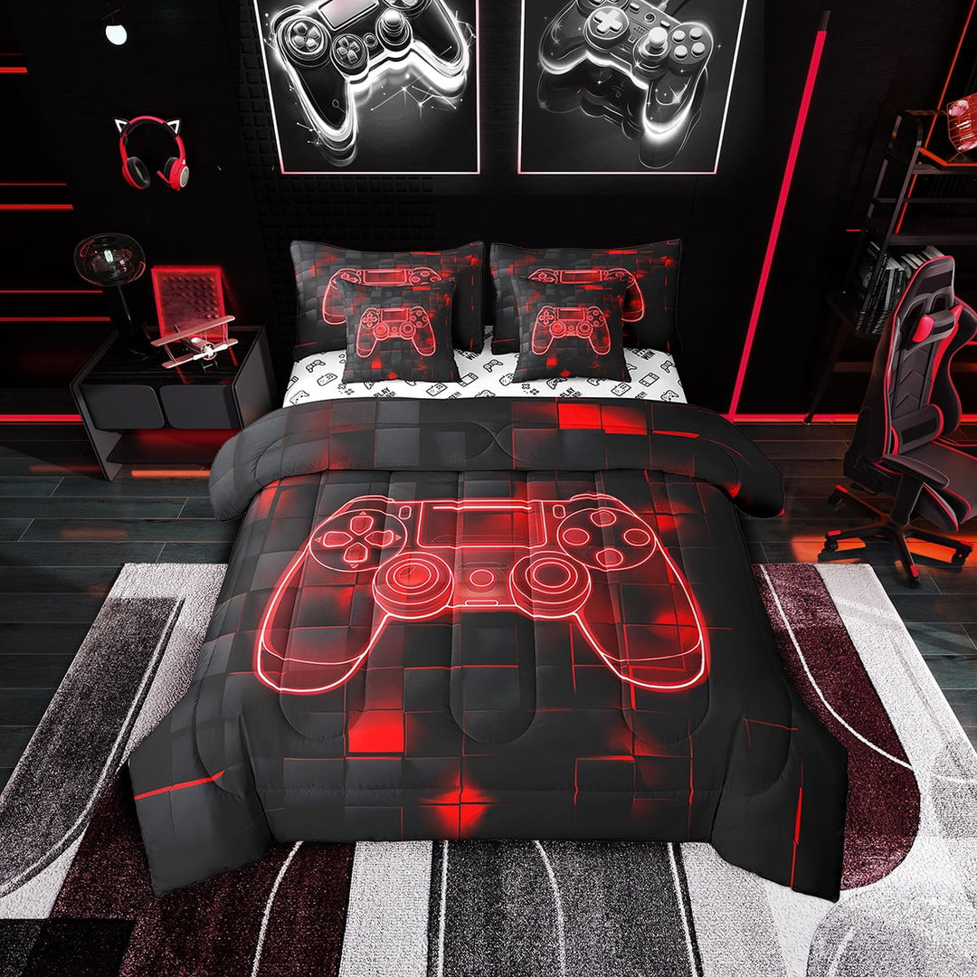 Gamer Twin Comforter Set With Sheets ,Gaming Bedding Set 3D Neon Gamepad Video Game 7 Piece Bed In A Bag Geometric Grid Bed Set Red Black