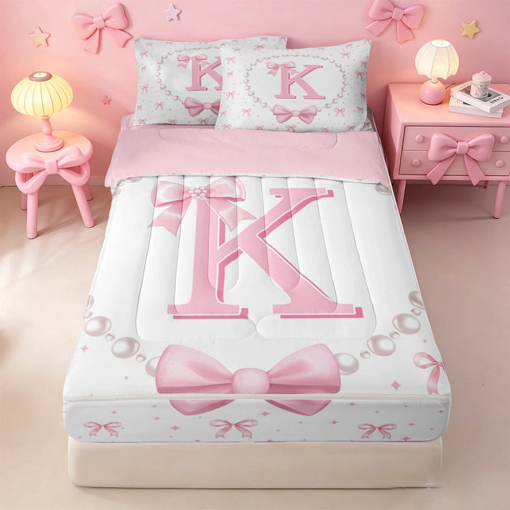 meiyoeat Cute Coquette Bowknot Zipper Twin Comforter Sets with Fitted Sheet and 2 Pillowcases For Kids,Pink Ribbon Bow Initial Letter K Zipper Bedding Set,Pink Reversible,4-Piece