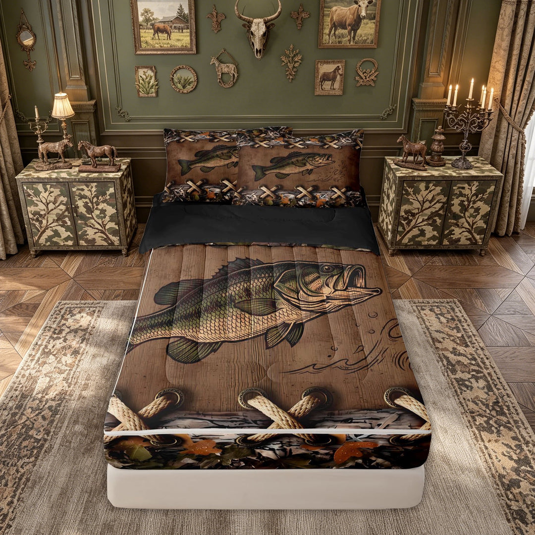 meiyoeat Camo Leaf Bass Fish Zipper Twin Comforter Sets with Fitted Sheet and 2 Pillowcases for Men Boys, Autumn Rustic Branches Leaf Zipper Bedding Set, Brown, Black Reversible, 4-Piece