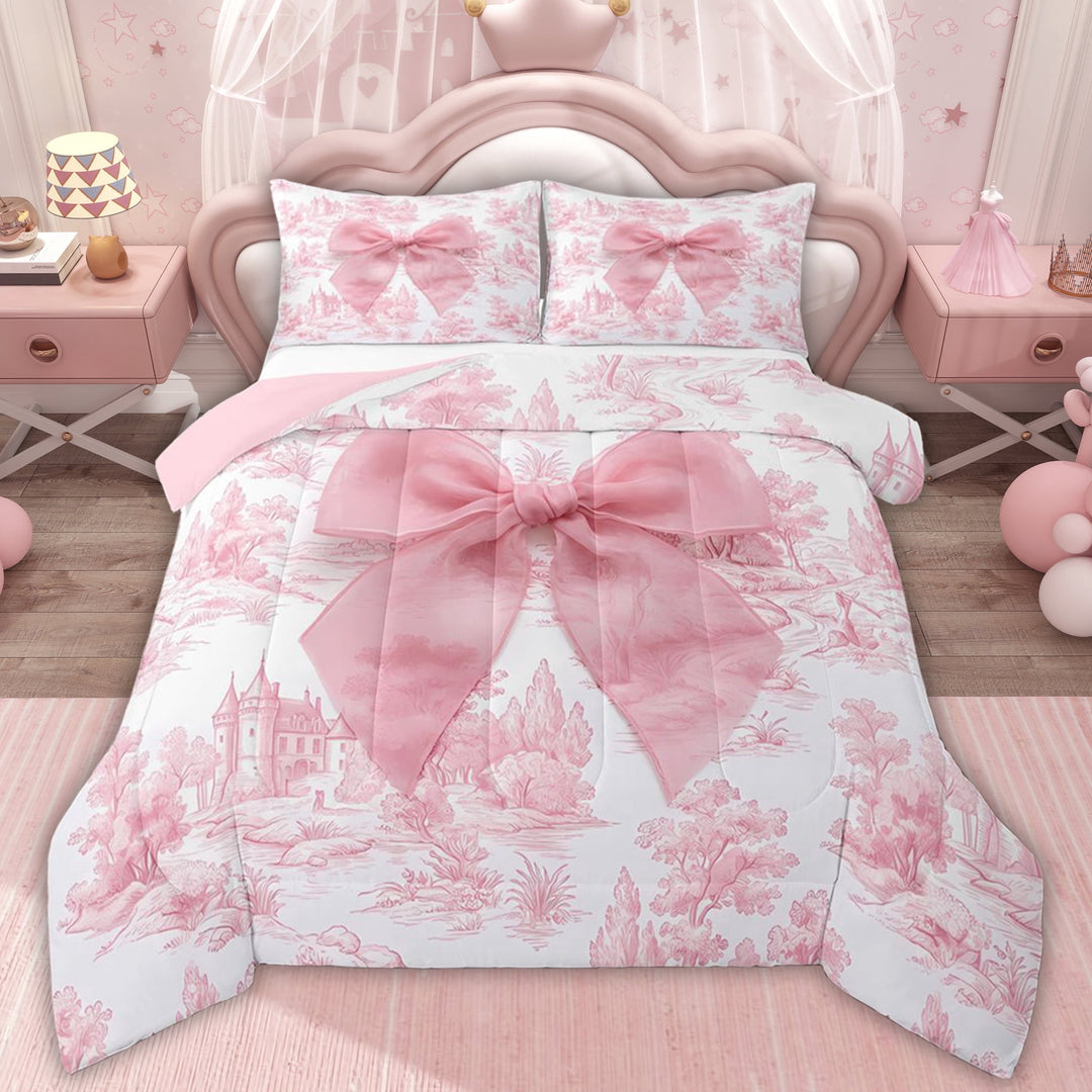 Erosebridal Girly Pink Bowknot Full Size Comforter Sets for Kid, Princess Fairy Castle Bedding Sets, 3pcs