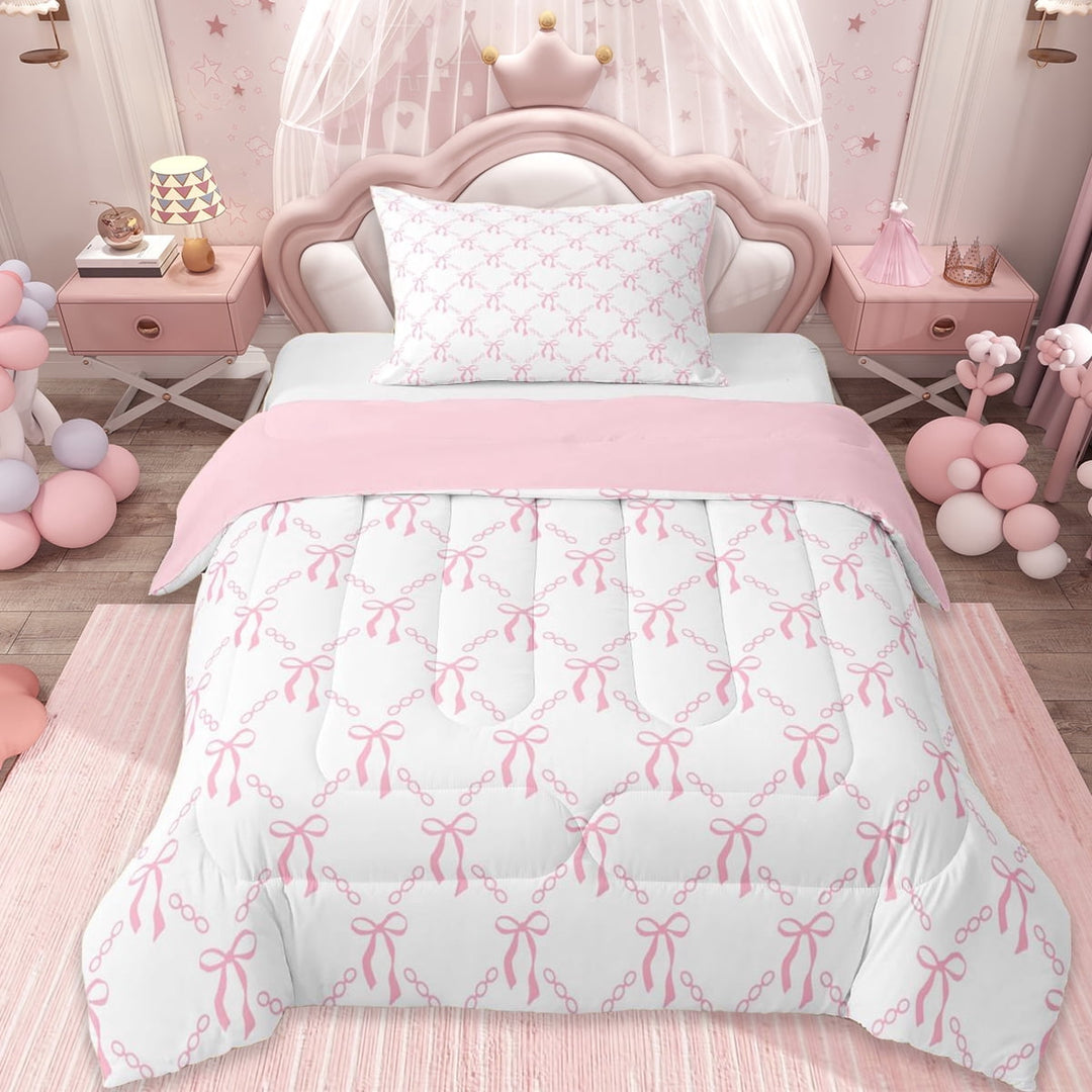 Erosebridal Girly Pink Bowknot Twin Comforter Sets For Girls,Cute Bows Kawaii Stars Bedding Set,Lightpink White, Reversible 2pcs