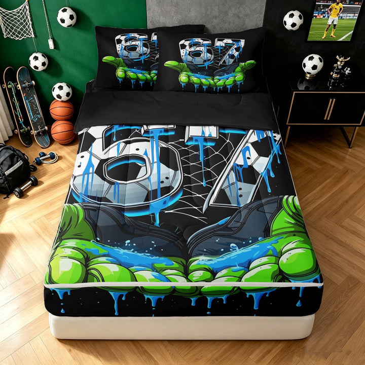 meiyoeat Graffiti Soccer 67 Number Zipper Twin Comforter Sets with Fitted Sheet and 2 Pillowcases for Boys, Cool Drip Gloves Zipper Bedding Set, Black Reversible, 4pcs