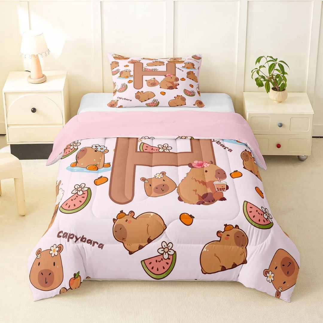 Erosebridal Girls Personalized Initial H Cute Capybara Twin Comforter Sets 3-Piece For Kids,Cartoon Fruit Orange Watermelon Flowers Bedding Set,Pink Reversible