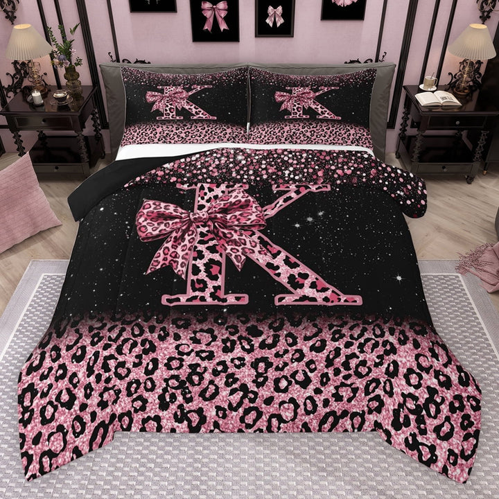 Erosebridal Cute Pink Leopard Print Full Size Comforter Sets for Girls, Bowknot Letter K Bedding Sets, Black Reversible 3pcs, 1 Comforter and 2 Pillowcases