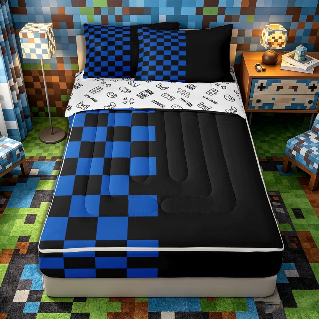 Meiyoeat Checkerboard Pattern Zipper Twin Comforter Sets with Fitted Sheet and 2 Pillowcases for Adults, Classic Chess Print Zipper Bedding Set, Blue Black,4-Piece