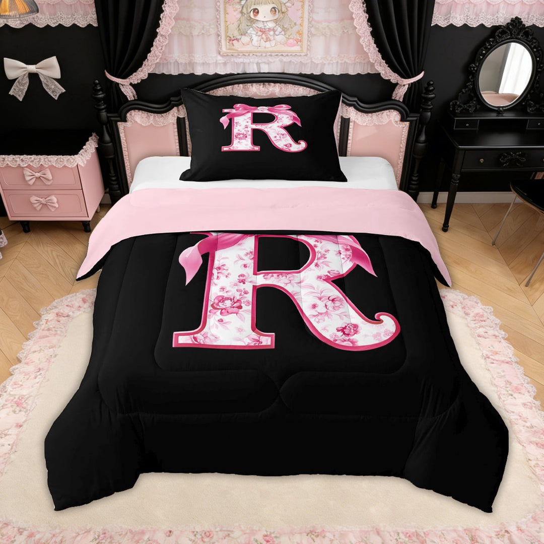 Erosebridal Floral Bow Letter R Twin Comforter Sets for Girls, Pink Initial Ribbon Bedding Set, Reversible, 2 Pieces