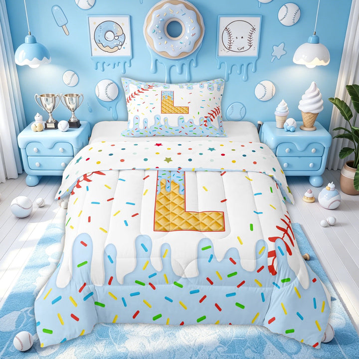 Meiyoeat Kawaii Ice Cream Baseball Full Size Comforter Sets for Kids Girls Boys, Cute Blue Donut L Letter Bedding Sets, Polkadot Reversible, 3 Pieces