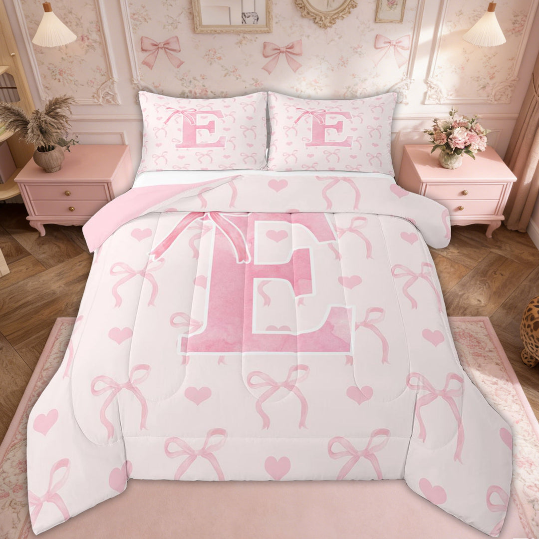 Erosebridal Pink Bow Bedding Sets Full with Comforter, Initial Letter E Duvet Insert, Princess Bowknot Decor, Reversible 3pcs
