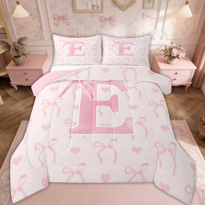 Erosebridal Pink Bow Bedding Sets Full with Comforter, Initial Letter E Duvet Insert, Princess Bowknot Decor, Reversible 3pcs
