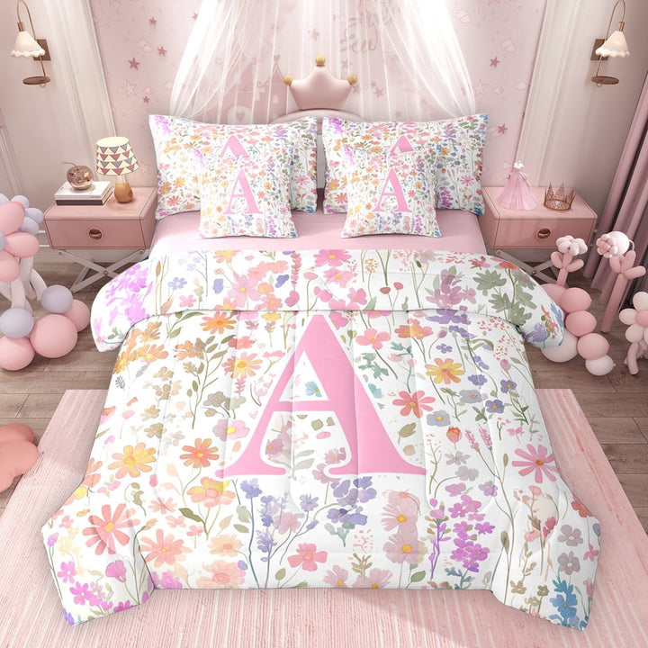 Erosebridal Girls Pink Flower Twin Bedding Sets, Garden Floral Bedding Comforter Set, Personalized Initial A, Pink Reversible, 7-Piece