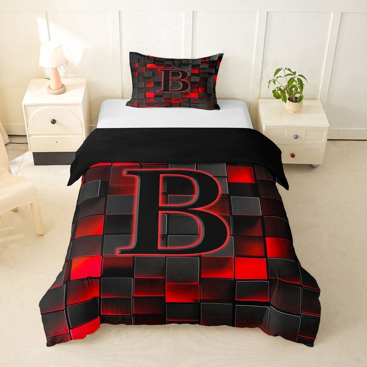 Erosebridal Personalized Initial B Twin Bedding For Teens Adults,Boys Girls Geometric Plaid Duvet Cover Set,Black Reversible,2pcs,No Comforter