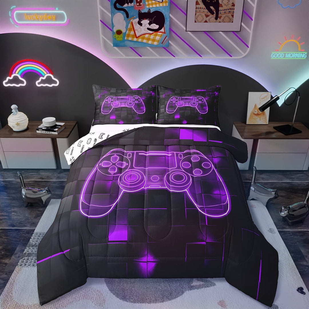 Gaming Comforter Gamer Twin Bedding Sets For Teen Video Game Decor Comforter Set Room,Purple Black Bed Set,Neon Geometric Grid Reversible Duvet Insert 2 Pcs