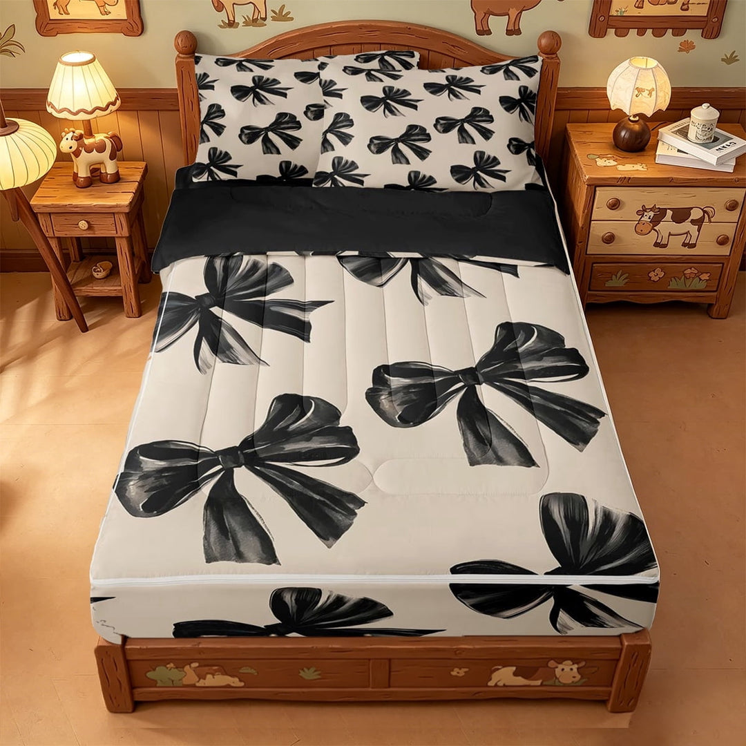 meiyoeat Black Bows Zipper Twin Comforter Sets with Fitted Sheet and 2 Pillowcases For Girls,Kawaii Coquette Bowknot Zipper Bedding Set For Kids,Black Reversible,4 Pieces