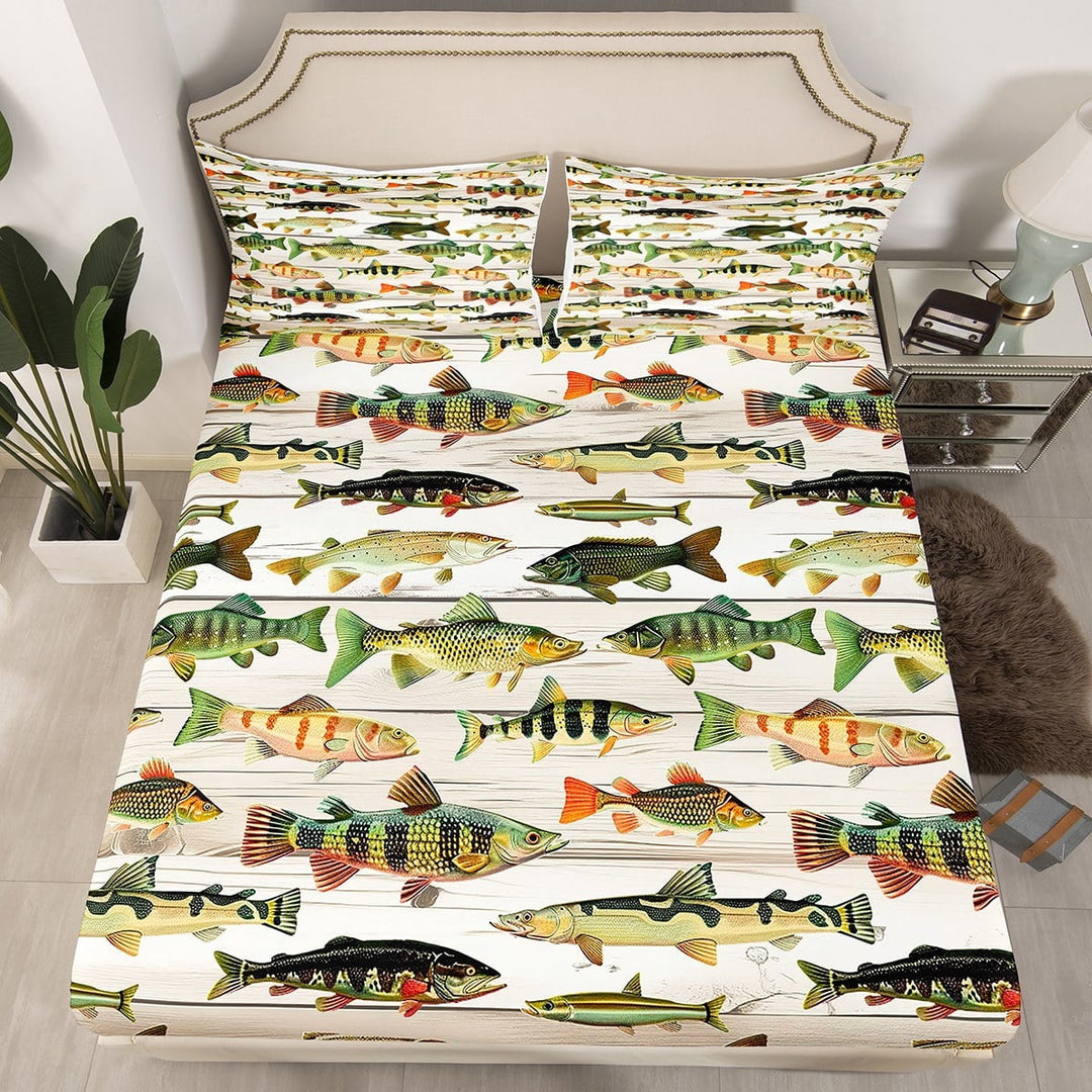 Erosebridal Pike Fish Fitted Sheet Full, Lodge Cabin Fitted Sheet Set Full, Rustic Farmhouse Bed Set, Lightweight Bedroom Decoration, 3pcs£¨No Top Sheet£©