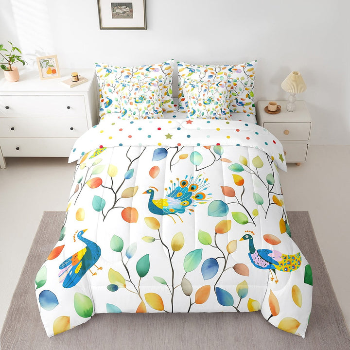 Cartoon Peacock Bedding Twin Size 7 Pieces Watercolor Floral Comforter Set, Botanical Plants Bedding Comforter Sets Jungle Animal Bed in a Bag, Tropical Leaves Bedding Accessories