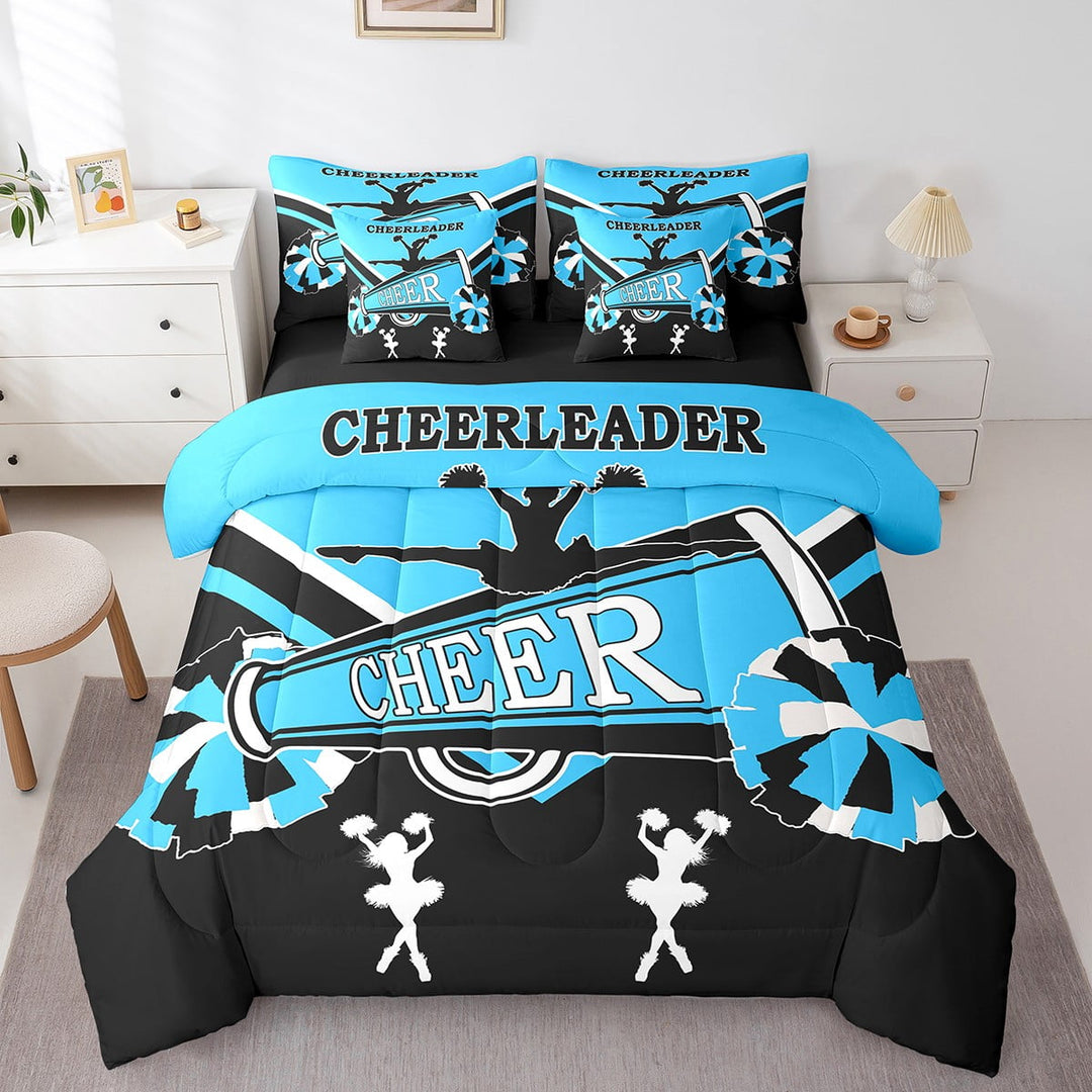 Cute Cheerleader Bedding Comforter Sets 7 Pieces Black and Blue Bed in a Bag, Cheerleading Queen Bedding Sets Dancer Theme Comforter Set, Cheerleading Dance Bedding Sets Bedroom Decor