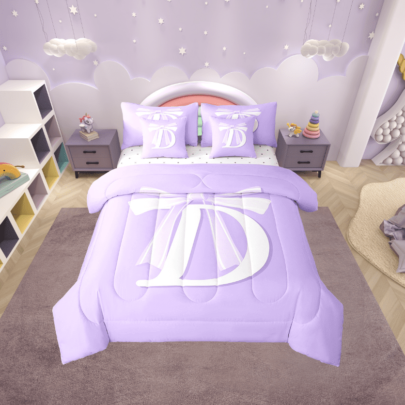 Erosebridal Initial D Letter Bedding Sets Twin Size, Princess Bow Comforter Sets with Sheets, Purple Monogrammed Reversible Bed Set, Microfiber Room Decor, 7pcs