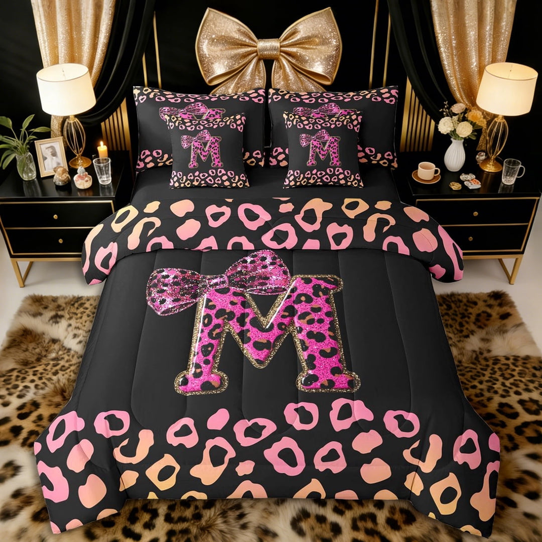 Erosebridal Girls Cheetah Print Alphabet M Twin Bedding Sets 7-Piece,Bling Glitter Print Leopard Print Bedding Comforter Set for Teens Women,Black Reversible,Ultra Soft Home Decor