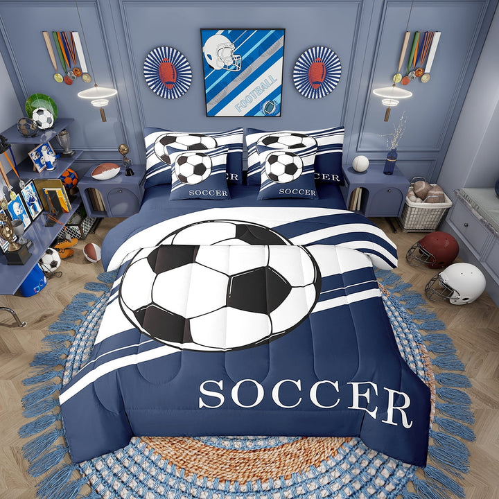 Eosebridal Soccer Duvet Cover Twin 7 Pcs Football Navy Blue White Geometric Stripes Bedding Set Soccer Ball Game Sports Theme Bed in a Bag with Comforter,Sheets